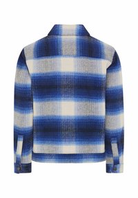Giacca a quadri blu e bianca con colletto, caratterizzata da un tessuto testurizzato e polsini con bottoni, mostrata dalla vista posteriore.