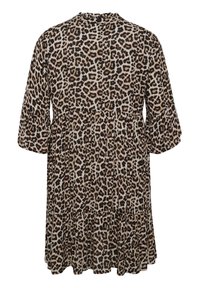 Leopard print dress made of lightweight fabric, featuring a round neckline, elbow-length sleeves, and a flared tiered hem.