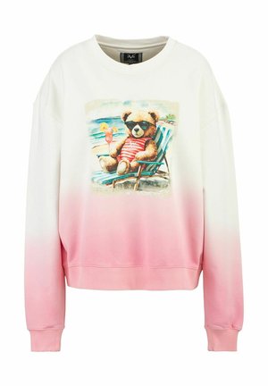Weiß- bis rosa verlaufendes Sweatshirt mit einem Teddybär-Graphic, der eine Sonnenbrille und ein gestreiftes Shirt trägt. Mit Rundhalsausschnitt und gerippten Bündchen.