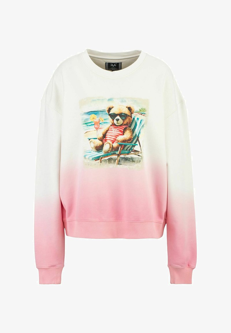 Weiß- bis rosa verlaufendes Sweatshirt mit einem Teddybär-Graphic, der eine Sonnenbrille und ein gestreiftes Shirt trägt. Mit Rundhalsausschnitt und gerippten Bündchen.