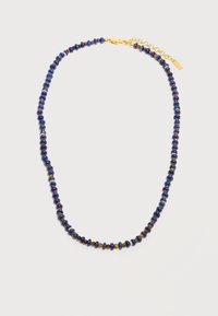 Κολιέ με στρογγυλές μπλε και καφέ χάντρες, μικρές χρυσές διαχωριστικές χάντρες και χρυσό κούμπωμα με ρυθμιζόμενη αλυσίδα.