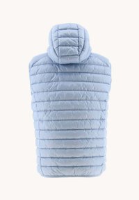 Hellblaues ärmelloses Steppweste mit horizontaler Steppung, einem hohen Kragen und einer weichen Textur, entworfen für Wärme und Komfort.