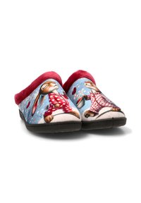 Zapatillas multicolores con un forro peludo rojo, con un diseño de conejo en pijamas de lunares sobre un fondo azul. Suela plana.