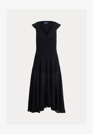 Black sleeveless midi dress with textured wavy eyelet pattern, V-neckline with small buttons, and flared hem.