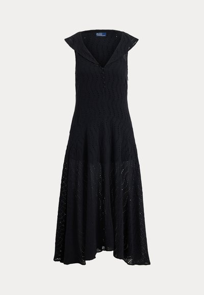 Must kooteta midi-kleit tekstuurse laineilise silmkoelise mustriga, V-kaelusega väikeste nuppudega ja lehvidega äärega.