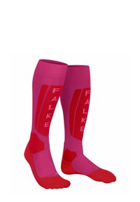 Calze fino al ginocchio in sfumature di rosa e rosso, con un design a rete e il marchio "FALKE" ben visibile in rosso.