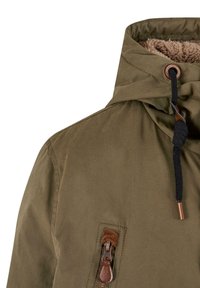 Olive green hooded jacket with a faux fur lining, featuring a zipper pocket with brown accents and a black drawstring. Smooth texture.