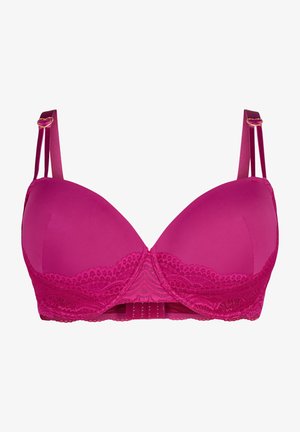 Soutien-gorge en forme de plongeur en rose vif avec des bonnets en satin lisse et une bordure en dentelle. Il dispose de bretelles ajustables et d'une fermeture à crochets et œillets dans le dos.
