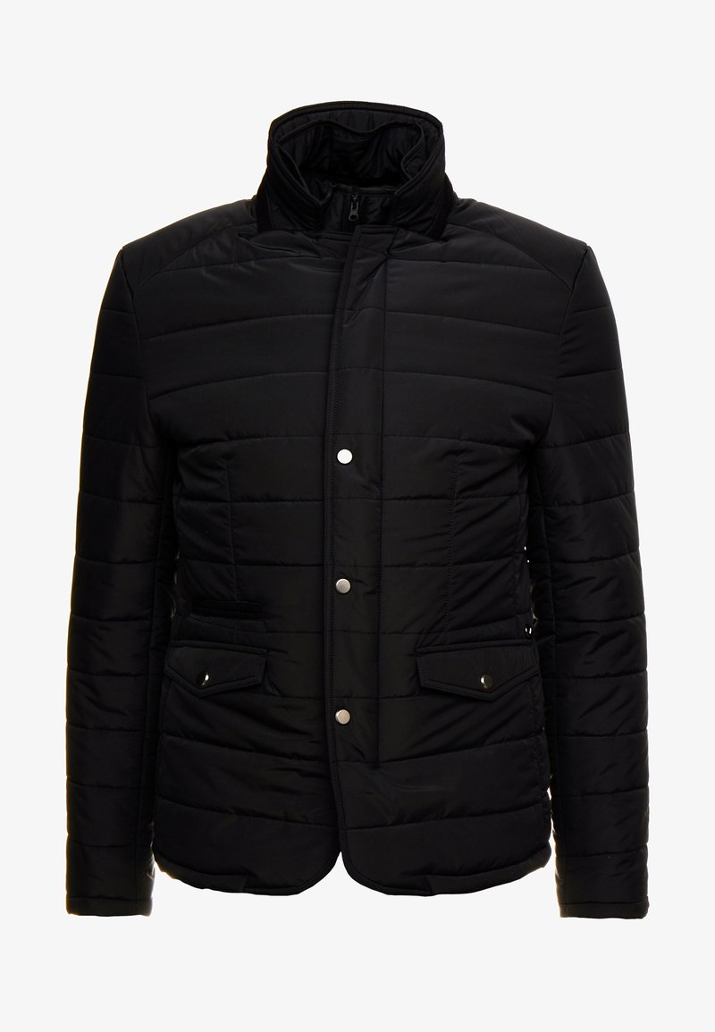 Veste matelassée noire avec col montant, boutons-pression à l'avant et deux poches à rabat avec fermetures à boutons à la taille.