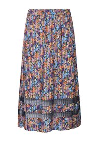 Faltrock mit floralem Muster in lebhaftem Blau, Orange und Lila; verfügt über einen gerafften, elastischen Bund und transparente Paneele.