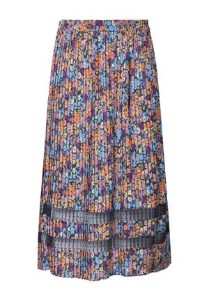 Gonna plissettata con stampa floreale in vivaci tonalità di blu, arancione e viola; presenta una vita elastica arricciata e inserti in tessuto trasparente.