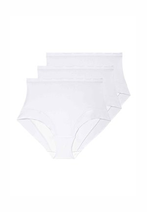 Witte katoenen onderbroeken, drie paar weergegeven. Heeft een zachte textuur, hoge taille ontwerp en een brede elastieken tailleband. Geen patronen.