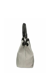 Vävd grå tygväska med svarta läderdetaljer, en mjuk silhuett, justerbara handtag och en knappknäppning upptill.