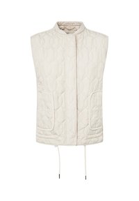 Prošívaná bezrukává vesta v světlé béžové barvě s vysokým límcem, dvěma předními kapsami a nastavitelným stahováním na spodním lemu. Texturovaný vzor po celém povrchu.