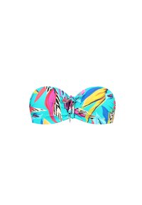 Top bikini bandeau multicolore in turchese, caratterizzato da vivaci motivi astratti, con laccetto regolabile davanti e una texture di tessuto morbido.