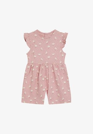 Rozā kokvilnas romperis ar baltu margrietiņu rakstu un punktiņu zīmējumu. Tam ir īsas zvaniņveida piedurknes, apaļa kakla izgriezums un kabatas.