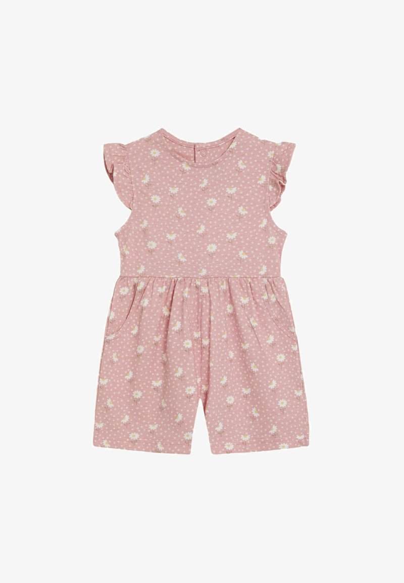 Mono de algodón rosa con estampado de margaritas blancas y patrón de puntos. Tiene mangas cortas con volantes, un escote redondo y bolsillos.