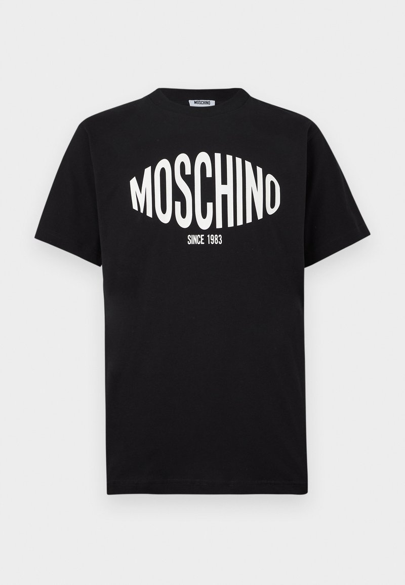 T-shirt en coton noir avec un grand logo blanc "MOSCHINO" et le texte "SINCE 1983", doté d'un col rond classique et de manches courtes.