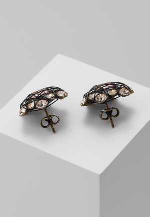 Stud earrings with bronze-tone metal, black wire cage design, and multiple light pink and clear gemstones on a white block.