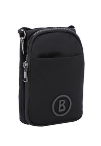 Borsa a tracolla nera in nylon con chiusura a zip, tasca frontale e logo in rilievo circolare. Presenta una texture liscia e elegante e un design compatto.