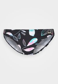 Juodas bikini kelnaitės, puoštos pastelinių spalvų gėlių raštu, su lygaus paviršiaus ir elastinga juosta, užtikrinančia komfortą ir tinkamą prigludimą.