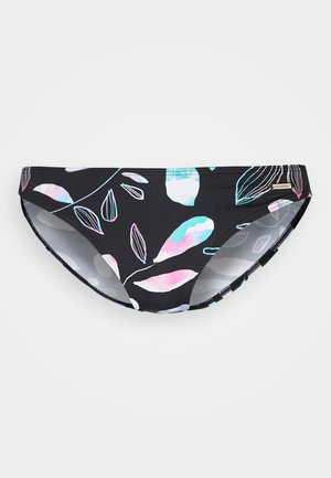 Juodas bikini kelnaitės, puoštos pastelinių spalvų gėlių raštu, su lygaus paviršiaus ir elastinga juosta, užtikrinančia komfortą ir tinkamą prigludimą.