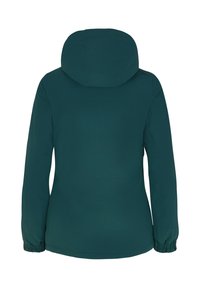 Türkise Kapuzenjacke mit elastischen Bündchen, glatter Textur und taillierter Silhouette. Keine sichtbaren Beschläge oder Verzierungen.