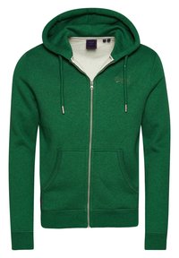 Felpa verde con zip, dotata di cappuccio con coulisse, due tasche frontali e polsini a costine, realizzata in tessuto testurizzato con un sottile motivo mélange.