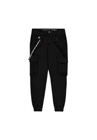 Schwarze Cargo-Hose aus leichtem Stoff, mit zwei Seitentaschen, einem elastischen Bund und verstellbaren Beinabschlüssen.