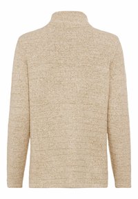 Beige gebreide trui met een hoge kraag en een gestreept textuurpatroon, met lange mouwen en een relaxte pasvorm.