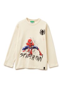 Kremowa, długorękawowa koszula z grafiką Spider-Mana w kolorach czerwonym i niebieskim, z czarnym tekstem i detalami logo pająka. Miękki materiał bawełniany.