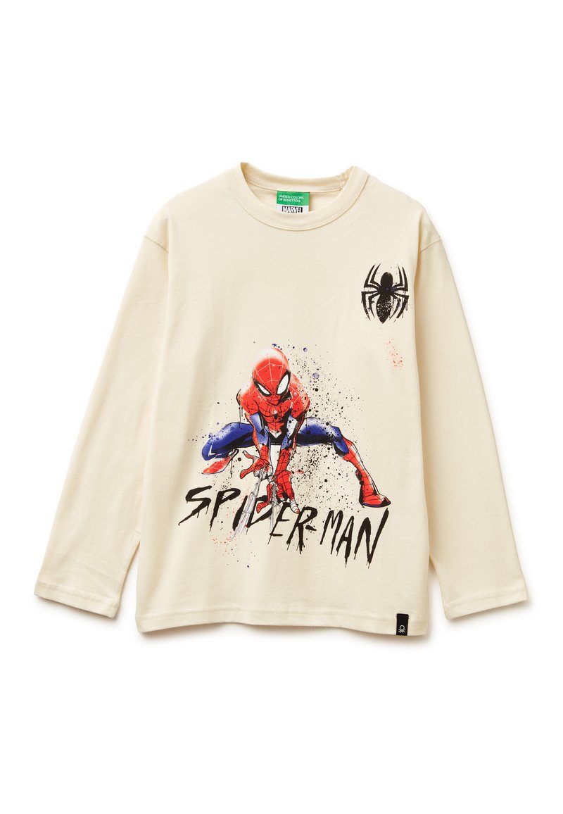 Kremowa, długorękawowa koszula z grafiką Spider-Mana w kolorach czerwonym i niebieskim, z czarnym tekstem i detalami logo pająka. Miękki materiał bawełniany.