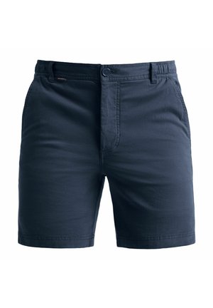 Navyblaue Shorts aus leichtem Baumwollmaterial. Mit Knopfverschluss, elastischem Bund und zwei Seitentaschen. Glatte Textur.