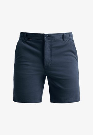Shorts bleu marine en coton léger. Dotés d'une fermeture à bouton, d'une taille élastique et de deux poches latérales. Texture lisse.