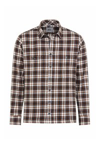 Camicia a maniche lunghe a quadri nei colori marrone, crema e blu navy. Tessuto in cotone con chiusura a bottoni, due tasche sul petto e colletto. Motivo a quadri classico.