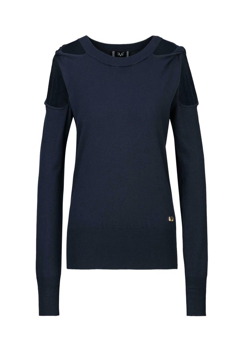 Marineblaues langärmliges Sweatshirt mit Schulterauschnitten und Netz-Einsätzen, gerippten Bündchen und Saum sowie einem kleinen goldenen Logo auf der unteren Vorderseite.
