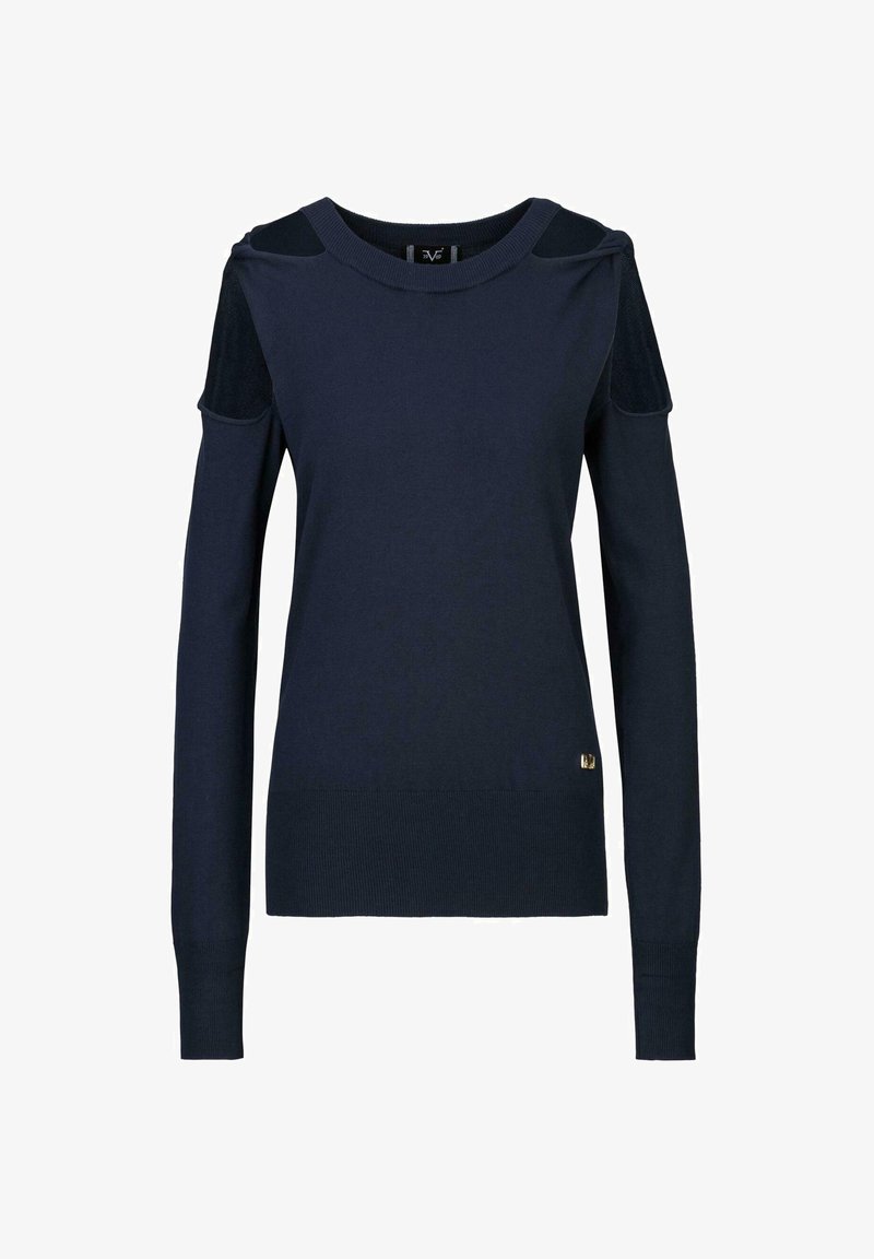 Marineblaues langärmliges Sweatshirt mit Schulterauschnitten und Netz-Einsätzen, gerippten Bündchen und Saum sowie einem kleinen goldenen Logo auf der unteren Vorderseite.