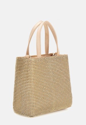 Gouden handtas met kralen, met een gestructureerd ontwerp, featuring textiel met structuur, twee korte handvatten en een rechthoekige vorm.