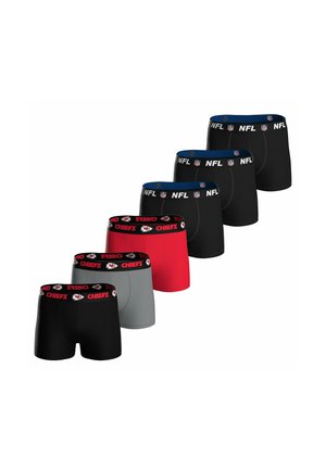 Sechs Paar NFL Herren-Boxershorts in Schwarz, Rot und Grau mit NFL- oder Kansas City Chiefs-Logos auf den Bundstreifen.