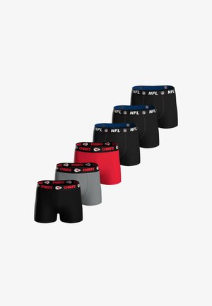 Seks par NFL herre boxershorts i sort, rød og grå, med NFL- eller Kansas City Chiefs-logoer på linningerne.