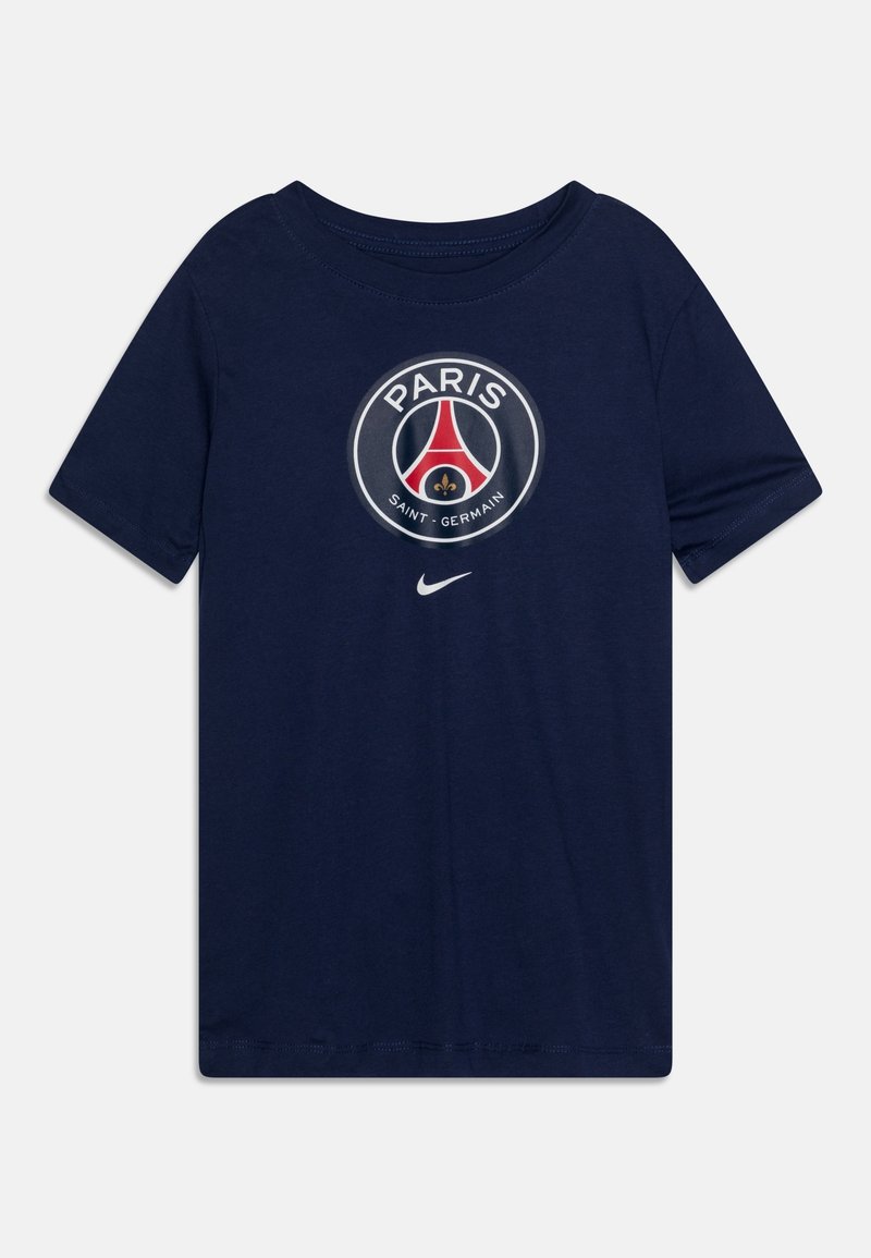 Námorně modré bavlněné tričko s kulatým logem a texty "PARIS" a "SAINT-GERMAIN", zdobené barvami týmu a detailem loga Nike.