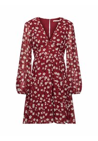 Robe rouge à fleurs avec manches longues transparentes, encolure en V, taille cintrée et jupe à volants, ornée de motifs floraux blancs et noirs.