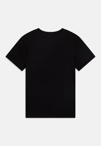T-shirt noir, à manches courtes, col rond. Fabriqué en coton lisse avec une couleur unie et sans motifs ni logos visibles.
