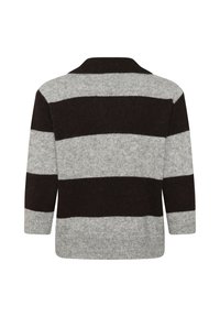 Vue arrière d'un pull en maille avec de larges rayures horizontales noires et grises et un col à revers.