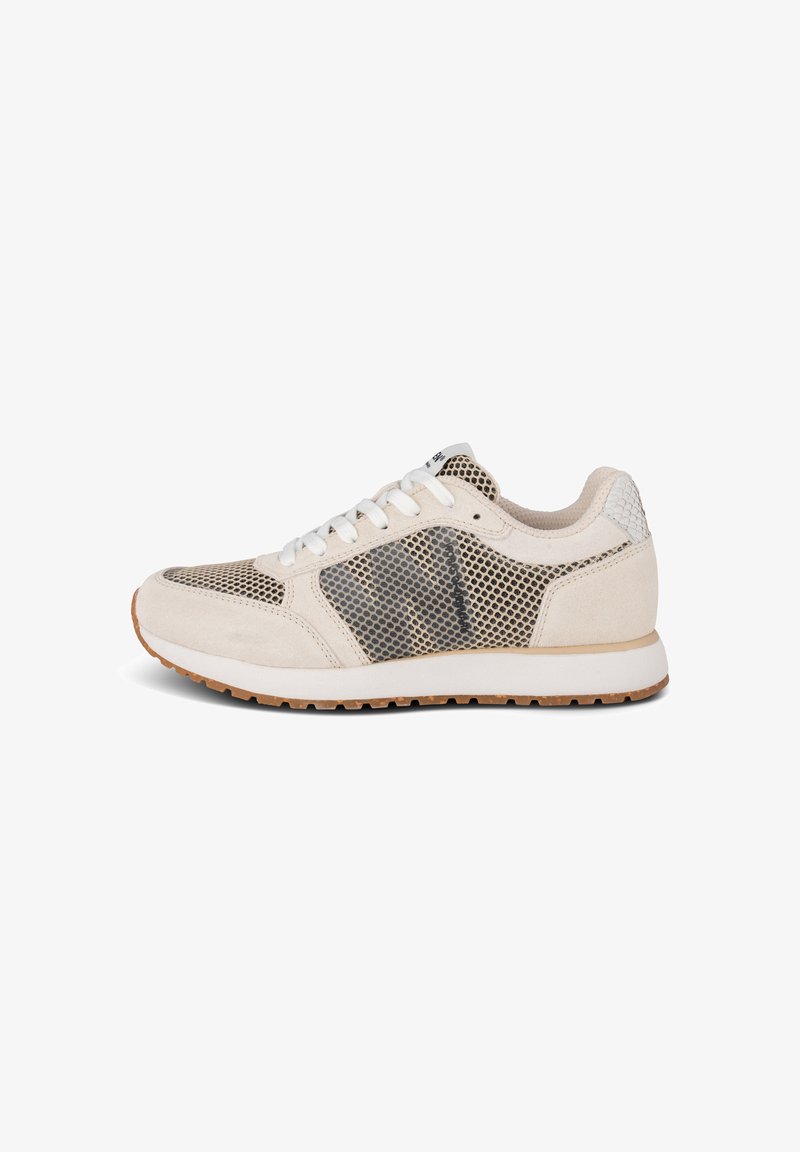 Lace-up sneakers in beige suede with mesh panels, rubber sole, and a textured rear accent. Lightweight design for comfort and breathability.