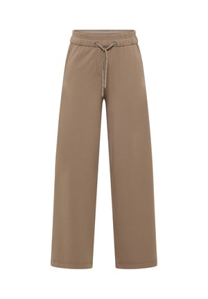Brown wide-leg sweatpants made of soft fabric, featuring an elastic waistband with a drawstring and no visible patterns or accents.