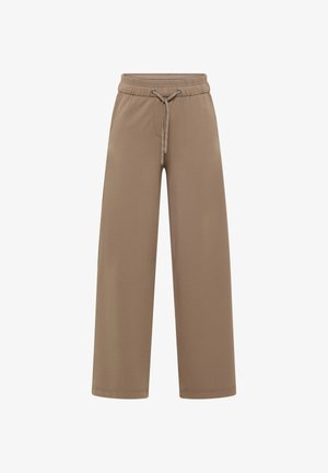 Bruine wijde sweatpants, gemaakt van zachte stof, met een elastische tailleband en een trekkoord zonder zichtbare patronen of accenten.