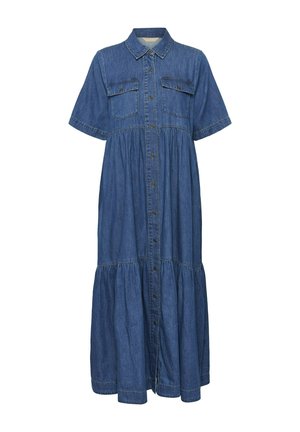 Midi-kjole i denim med korte ærmer, knaplukning foran, to brystlommer med klap og indsnævring ved talje og nederkant.