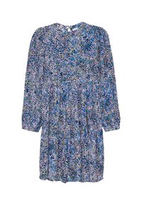 Kwiatowa sukienka z długimi rękawami, okrągłym dekoltem, niebiesko-fioletowym wzorem, lekkim materiałem, warstwowym fasonem i zapięciem na guziki z tyłu.