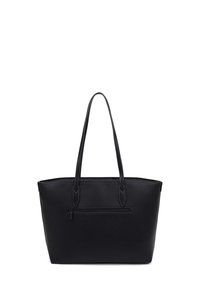 Black tote bag made of textured synthetic material, featuring two long handles and a zippered front pocket. Rectangular shape, minimalist design.